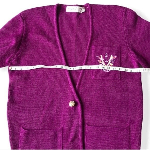 Vintage 80s Magnolia Wool Cardigan Sweater Burgundy Purple Nautical Crest Chunky - Picture 11 of 12